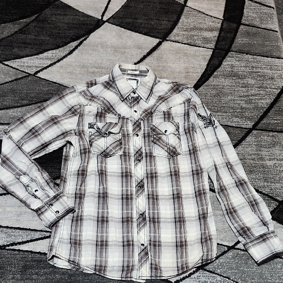 BKE SLIM-FIT PLAID EMBROIDERED SNAP-BUTTON SLOT POCKETS LONG-SLEEVED SHIRT - Picture 1 of 16